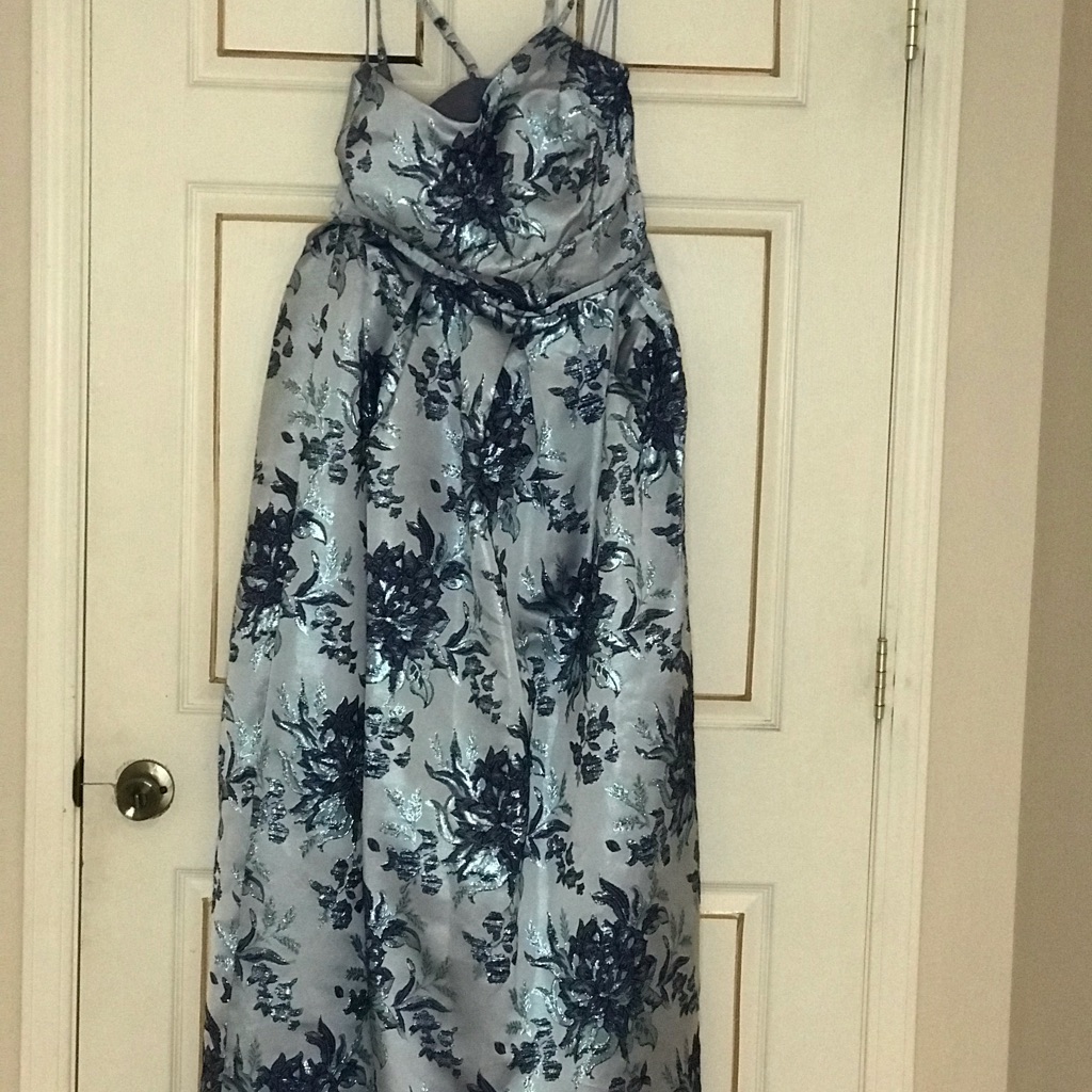 Blue Floral Strapless Evening Gown
